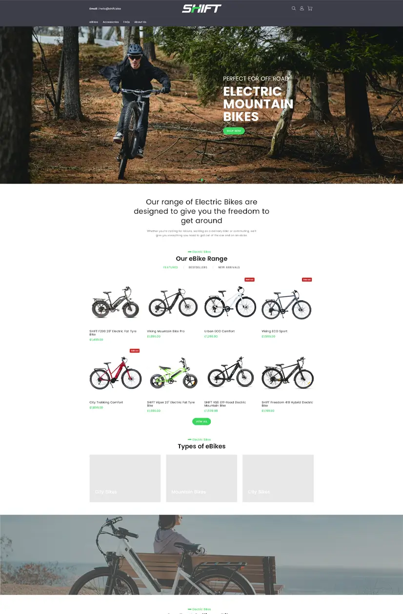 Screenshot of Shift eBikes's homepage, designed by Beyond Forge